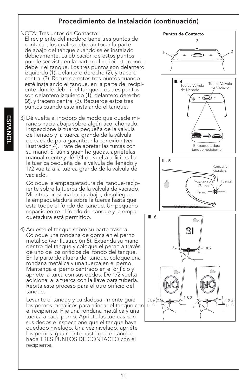 No si, Procedimiento de instalación (continuación), Esp añol | Factory Direct Hardware Toto CST474CEF#51 Vespin User Manual | Page 11 / 26
