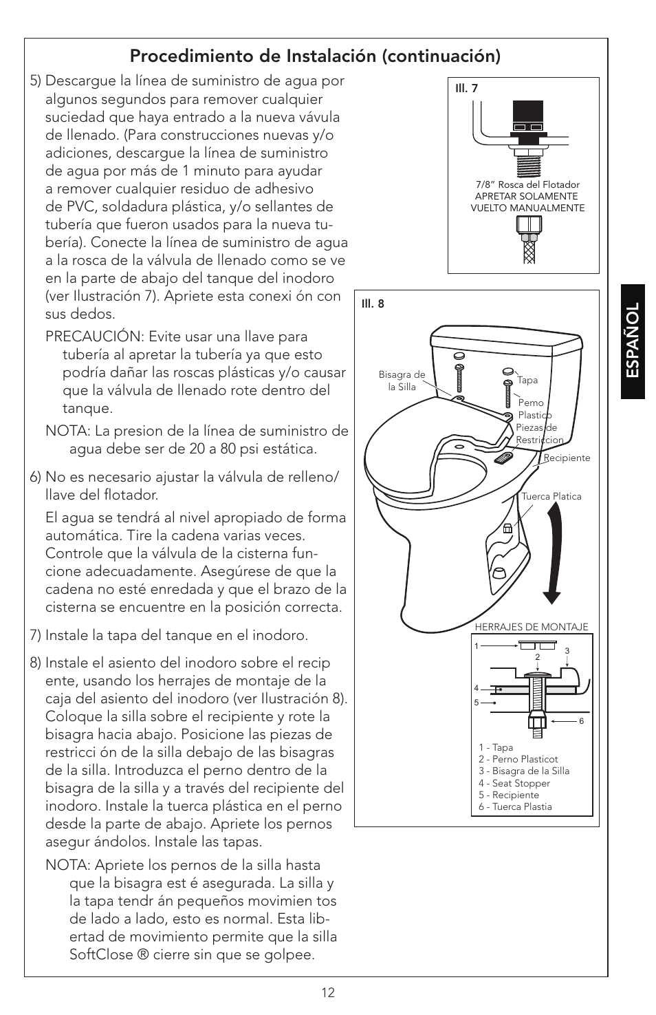 Procedimiento de instalación (continuación), Esp añol | Factory Direct Hardware Toto CST474CEF#51 Vespin User Manual | Page 12 / 26