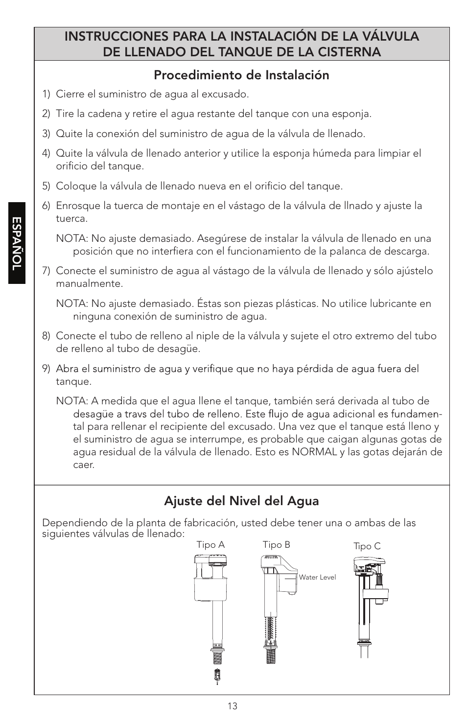 Ajuste del nivel del agua | Factory Direct Hardware Toto CST474CEF#51 Vespin User Manual | Page 13 / 26