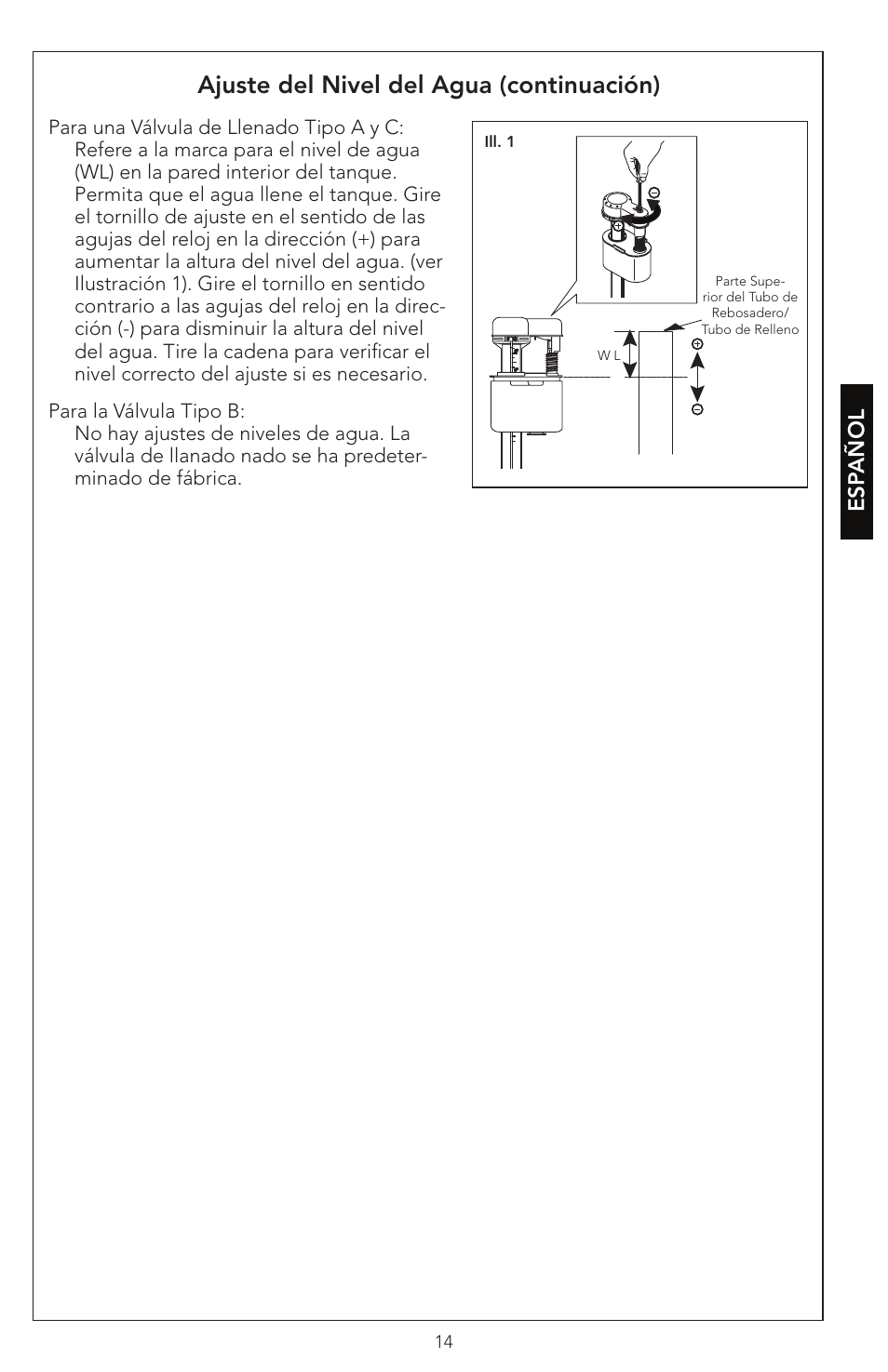 Cuidado y limpieza, Ajuste del nivel del agua (continuación), Esp añol | Factory Direct Hardware Toto CST474CEF#51 Vespin User Manual | Page 14 / 26