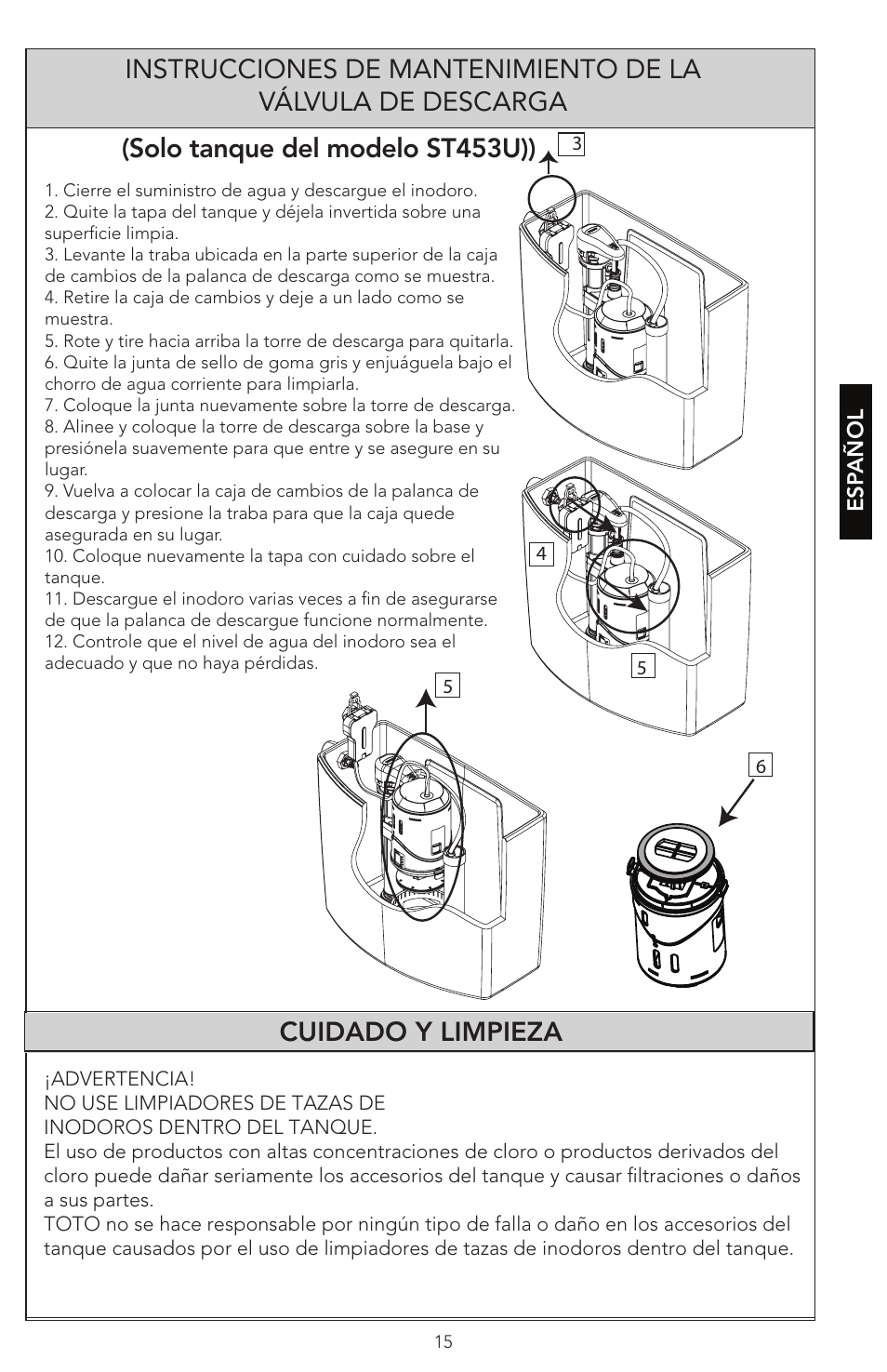 Solo tanque del modelo st453u)), Cuidado y limpieza | Factory Direct Hardware Toto CST474CEF#51 Vespin User Manual | Page 15 / 26