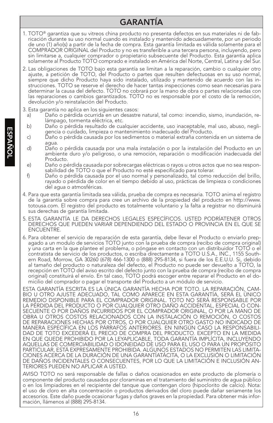 Garantía, Esp añol | Factory Direct Hardware Toto CST474CEF#51 Vespin User Manual | Page 16 / 26