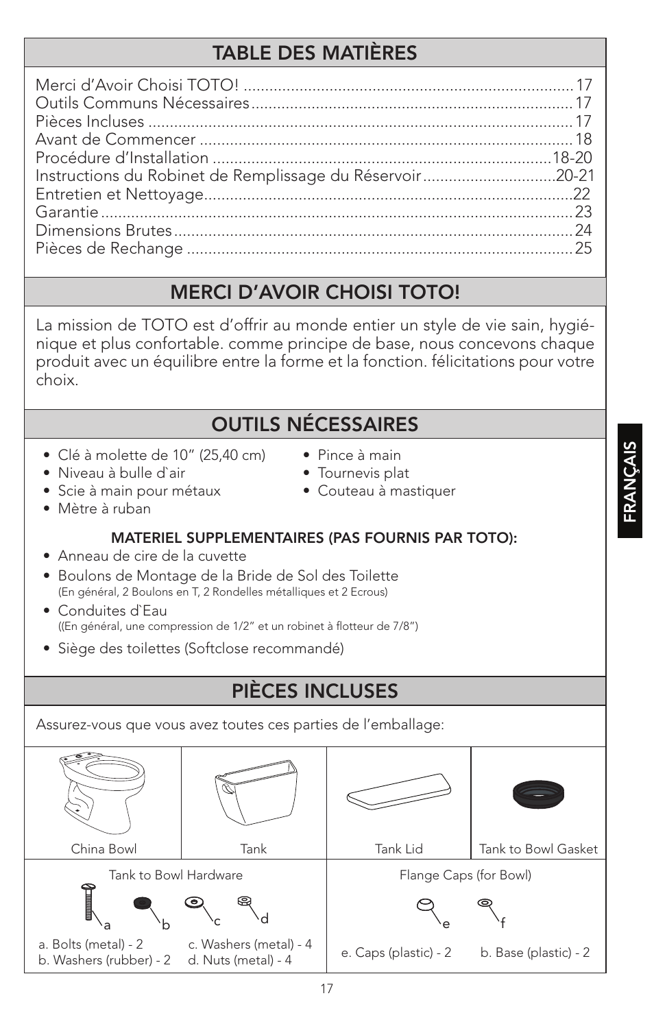 Pièces incluses | Factory Direct Hardware Toto CST474CEF#51 Vespin User Manual | Page 17 / 26