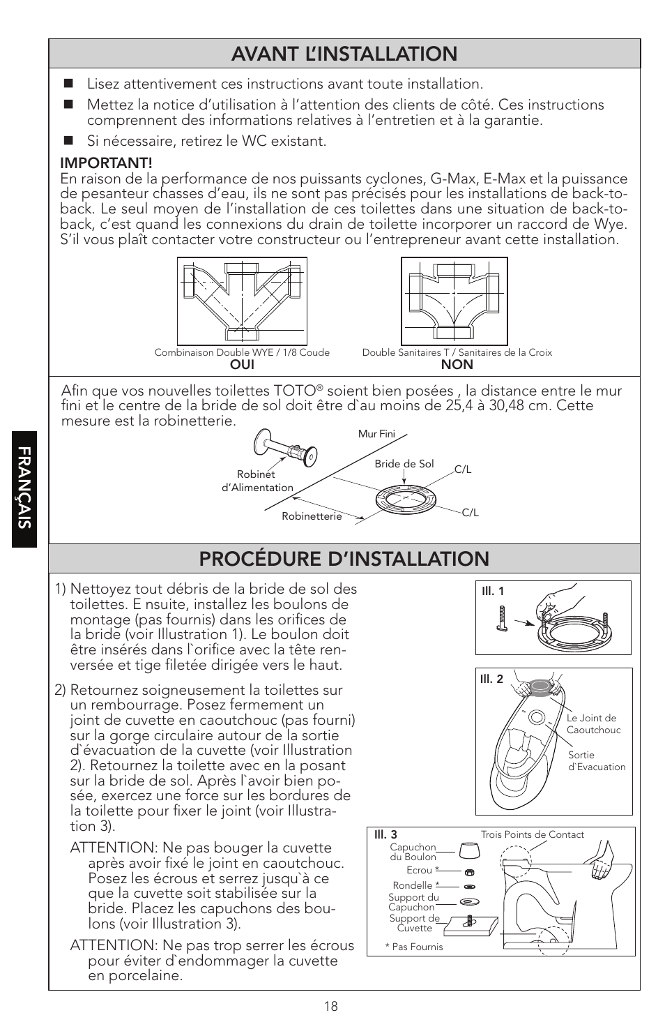 Procédure d’installation, Avant l’installation, Français | Factory Direct Hardware Toto CST474CEF#51 Vespin User Manual | Page 18 / 26