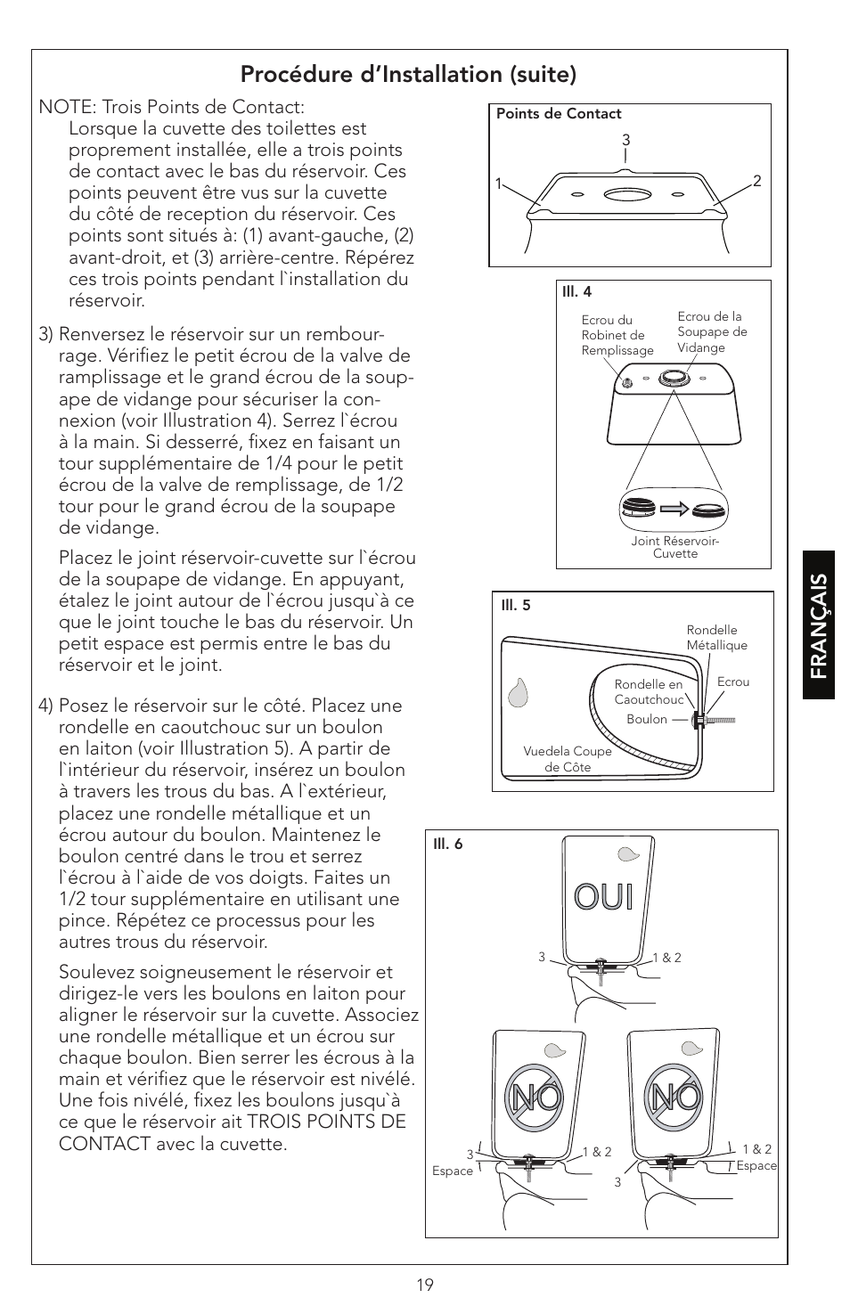 No oui, Procédure d’installation (suite), Français | Factory Direct Hardware Toto CST474CEF#51 Vespin User Manual | Page 19 / 26