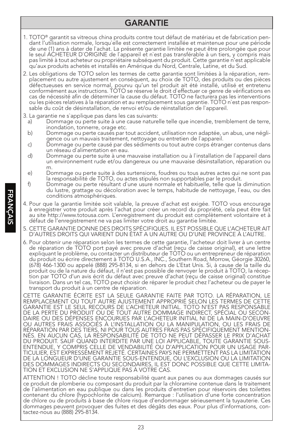 Garantie, Français | Factory Direct Hardware Toto CST474CEF#51 Vespin User Manual | Page 23 / 26