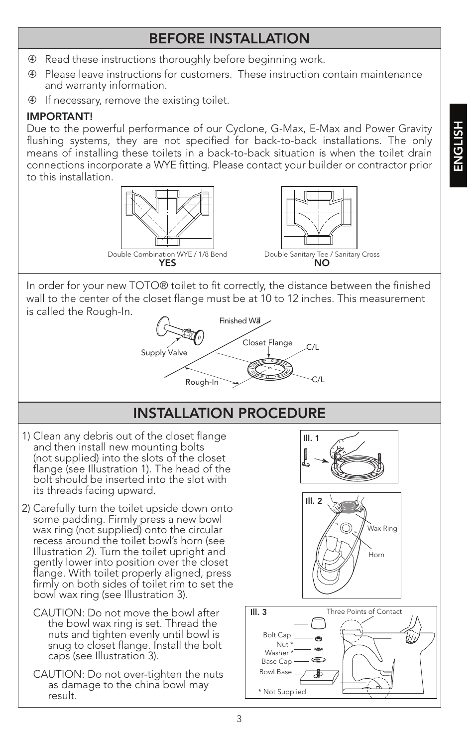 0gu048z-5 english 3, Before installation, Installation procedure | English | Factory Direct Hardware Toto CST474CEF#51 Vespin User Manual | Page 3 / 26