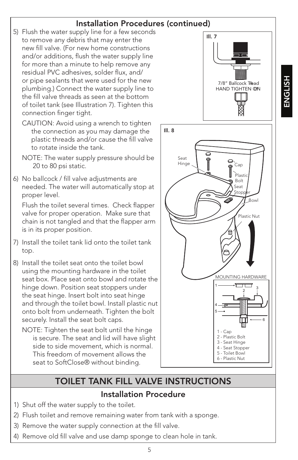 0gu048z-5 english 5, Toilet tank fill valve instructions, Installation procedures (continued) | Installation procedure, English | Factory Direct Hardware Toto CST474CEF#51 Vespin User Manual | Page 5 / 26