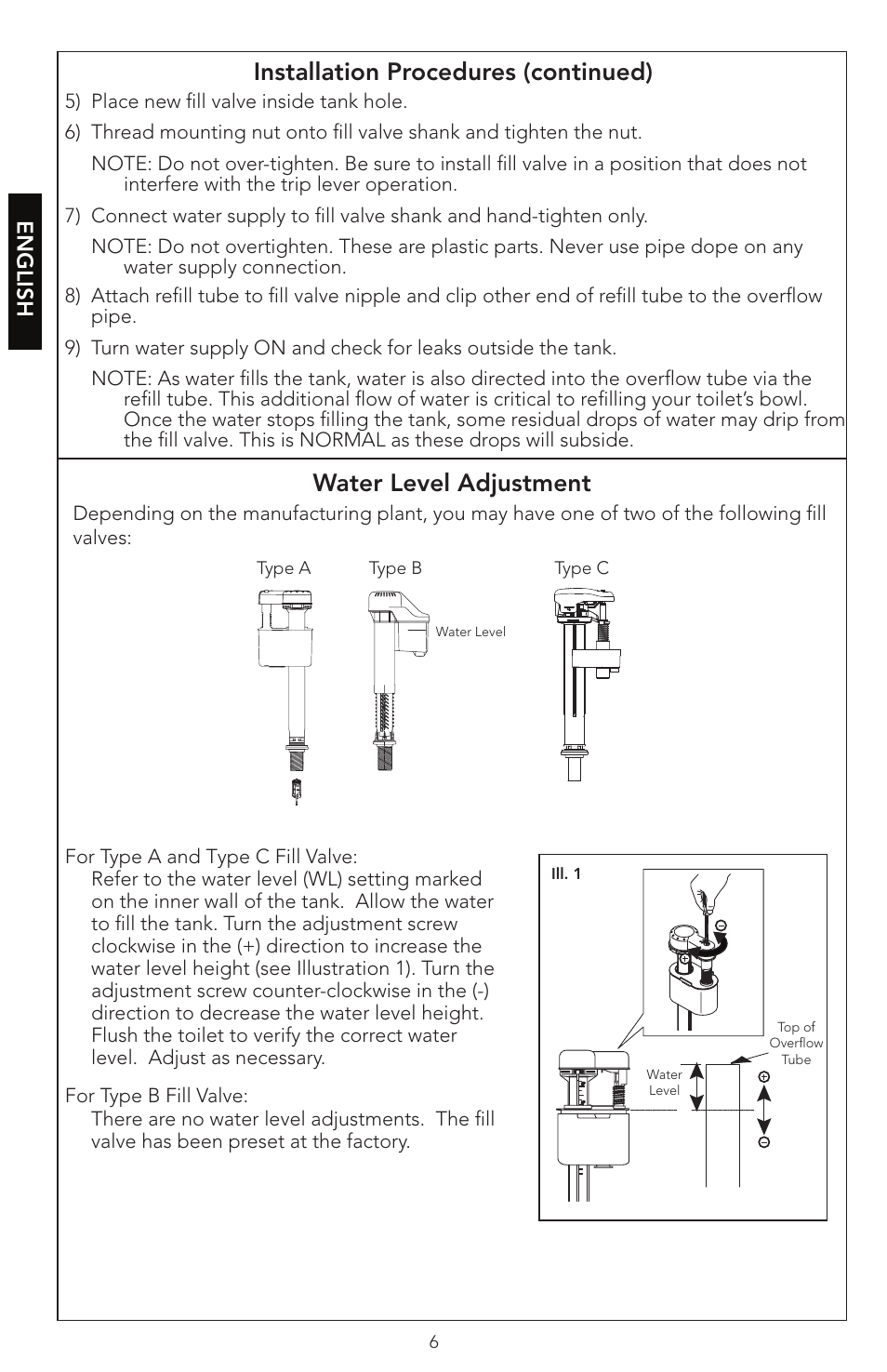 0gu048z-5 english 6, Water level adjustment, Installation procedures (continued) | English | Factory Direct Hardware Toto CST474CEF#51 Vespin User Manual | Page 6 / 26