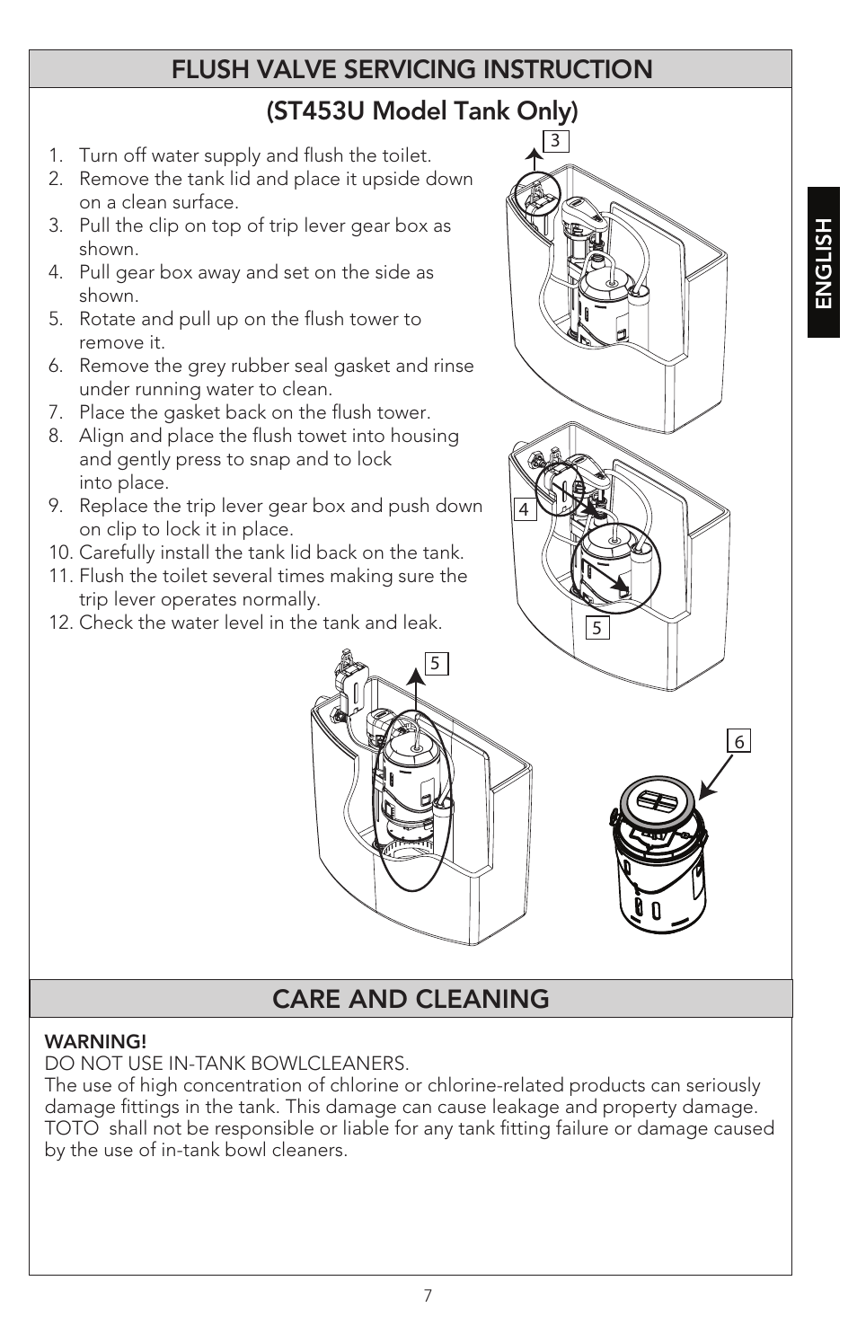 0gu048z-5 english 7, Care and cleaning | Factory Direct Hardware Toto CST474CEF#51 Vespin User Manual | Page 7 / 26