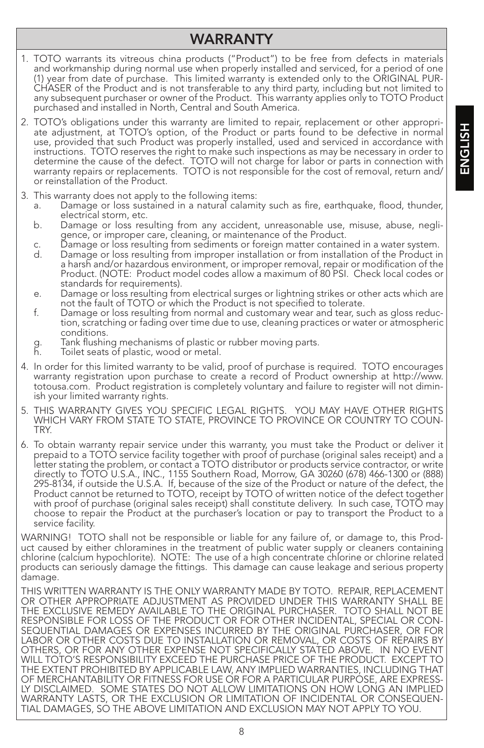 0gu048z-5 english 8, Warranty | Factory Direct Hardware Toto CST474CEF#51 Vespin User Manual | Page 8 / 26