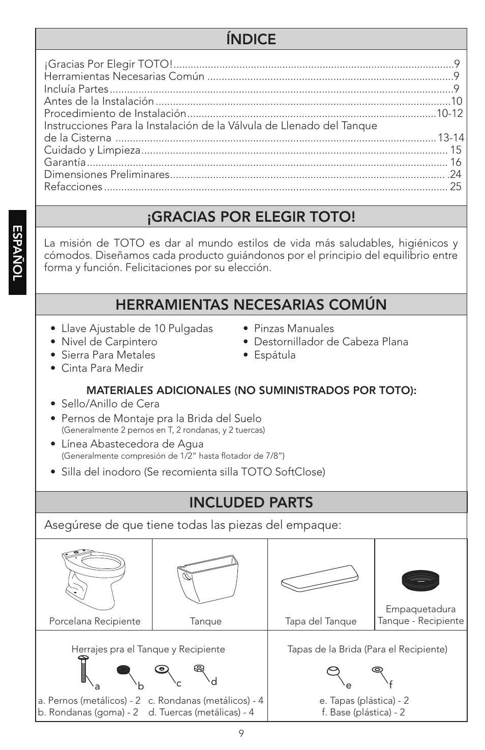 Índice ¡gracias por elegir toto, Herramientas necesarias común, Included parts | Factory Direct Hardware Toto CST474CEF#51 Vespin User Manual | Page 9 / 26