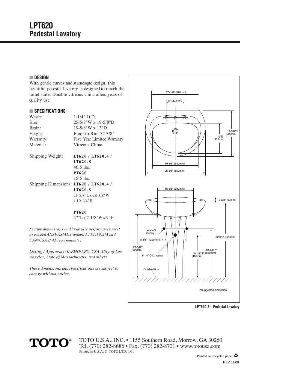 Lpt620, Pedestal lavatory | Factory Direct Hardware Toto LT620.4 User Manual | Page 2 / 2