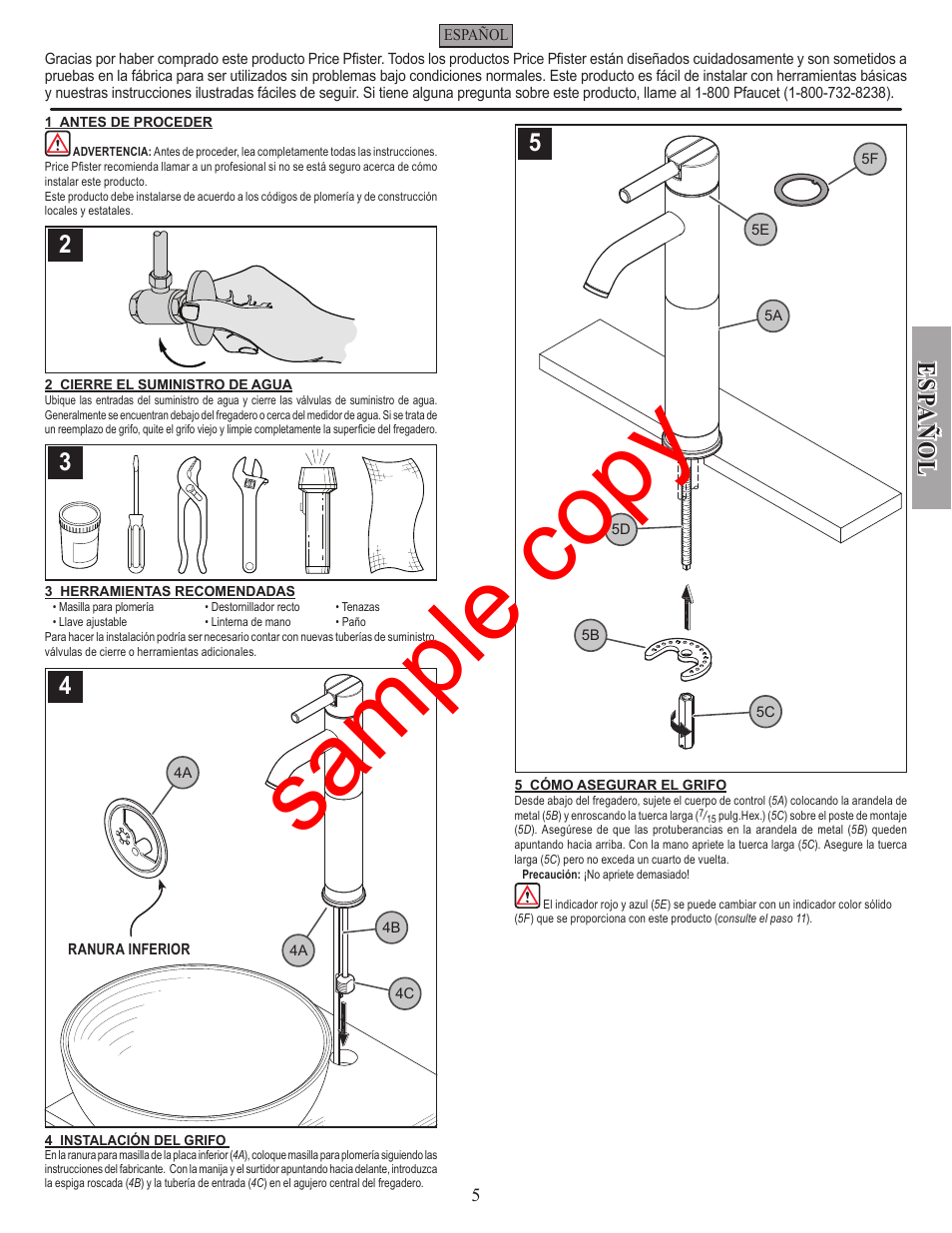 Sample copy, Es pa ñ o l | Factory Direct Hardware Pfister GT40-N00 User Manual | Page 5 / 12