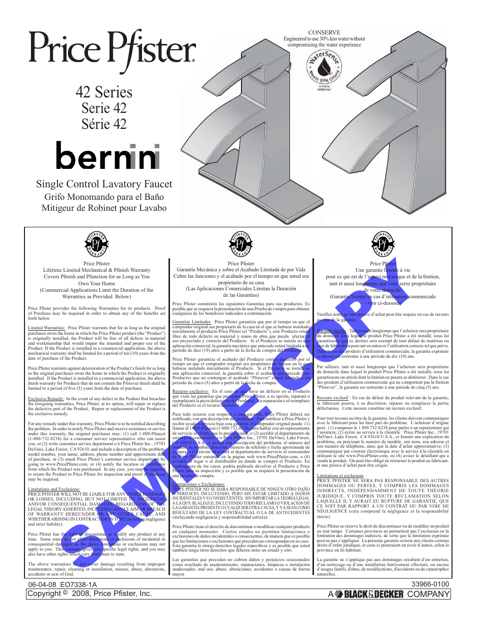 Pfister F-042-BNKK User Manual | 12 pages