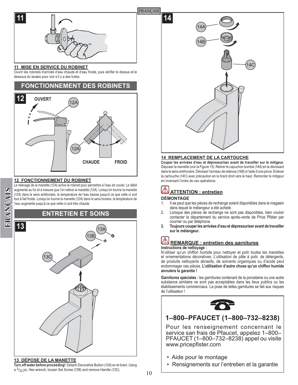 Fran ç ais, Fonctionnement des robinets entretien et soins | Pfister F-042-BNKK User Manual | Page 10 / 12
