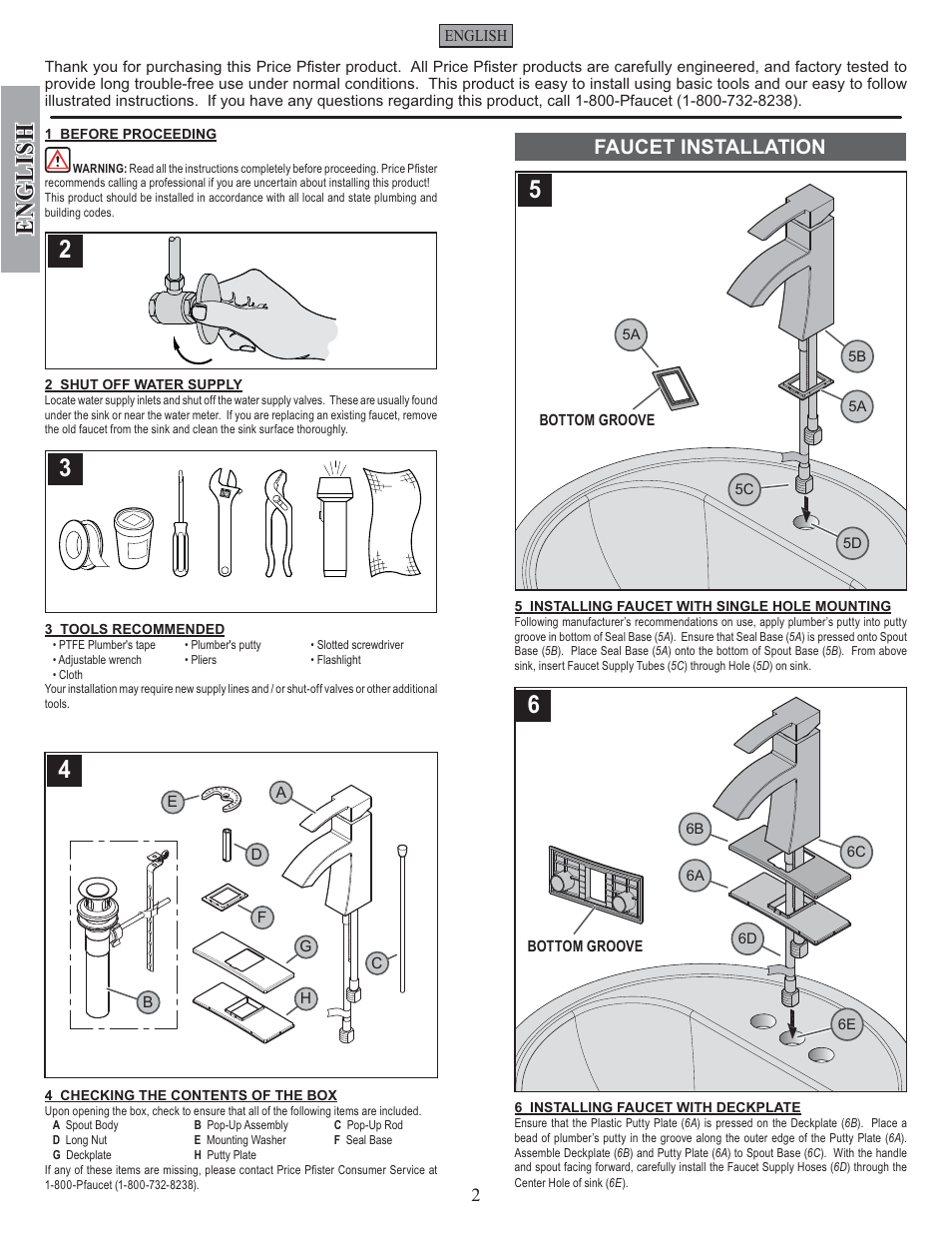 English, Faucet installation | Pfister F-042-BNKK User Manual | Page 2 / 12