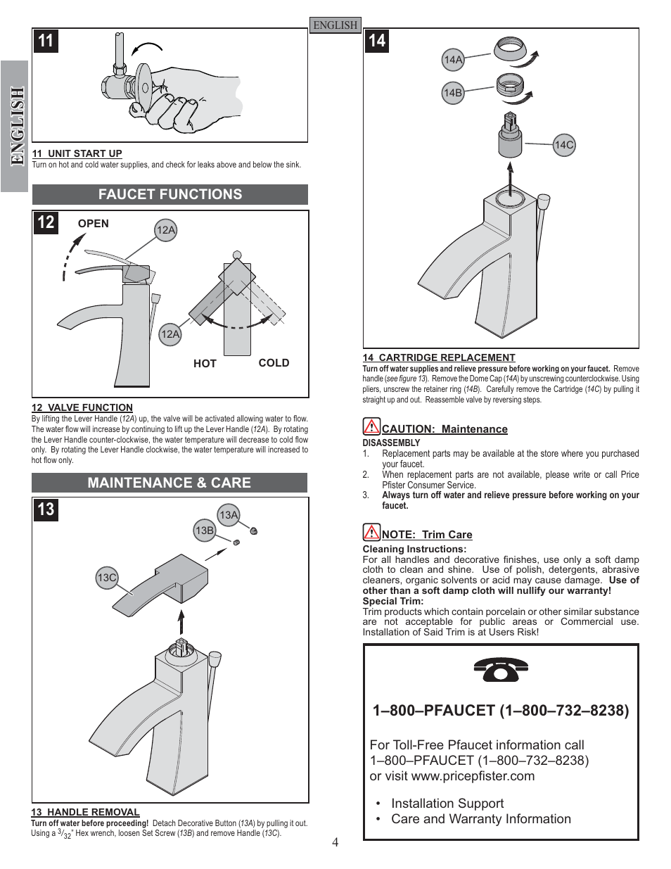 English, Faucet functions maintenance & care | Pfister F-042-BNKK User Manual | Page 4 / 12