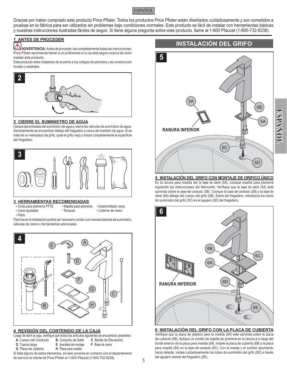 Esp a ñ ol, Instalación del grifo | Pfister F-042-BNKK User Manual | Page 5 / 12