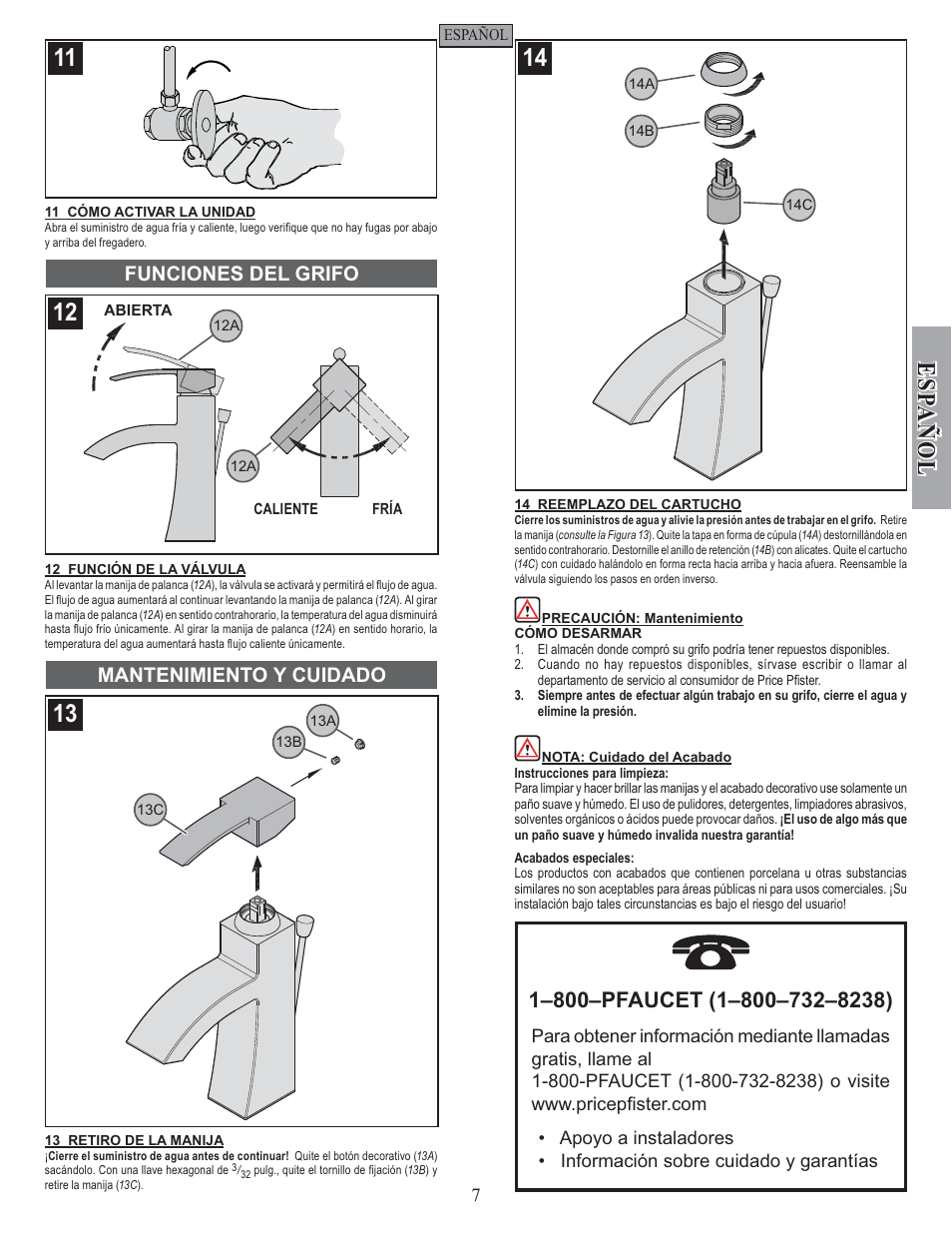 Esp a ñ ol, Funciones del grifo mantenimiento y cuidado | Pfister F-042-BNKK User Manual | Page 7 / 12