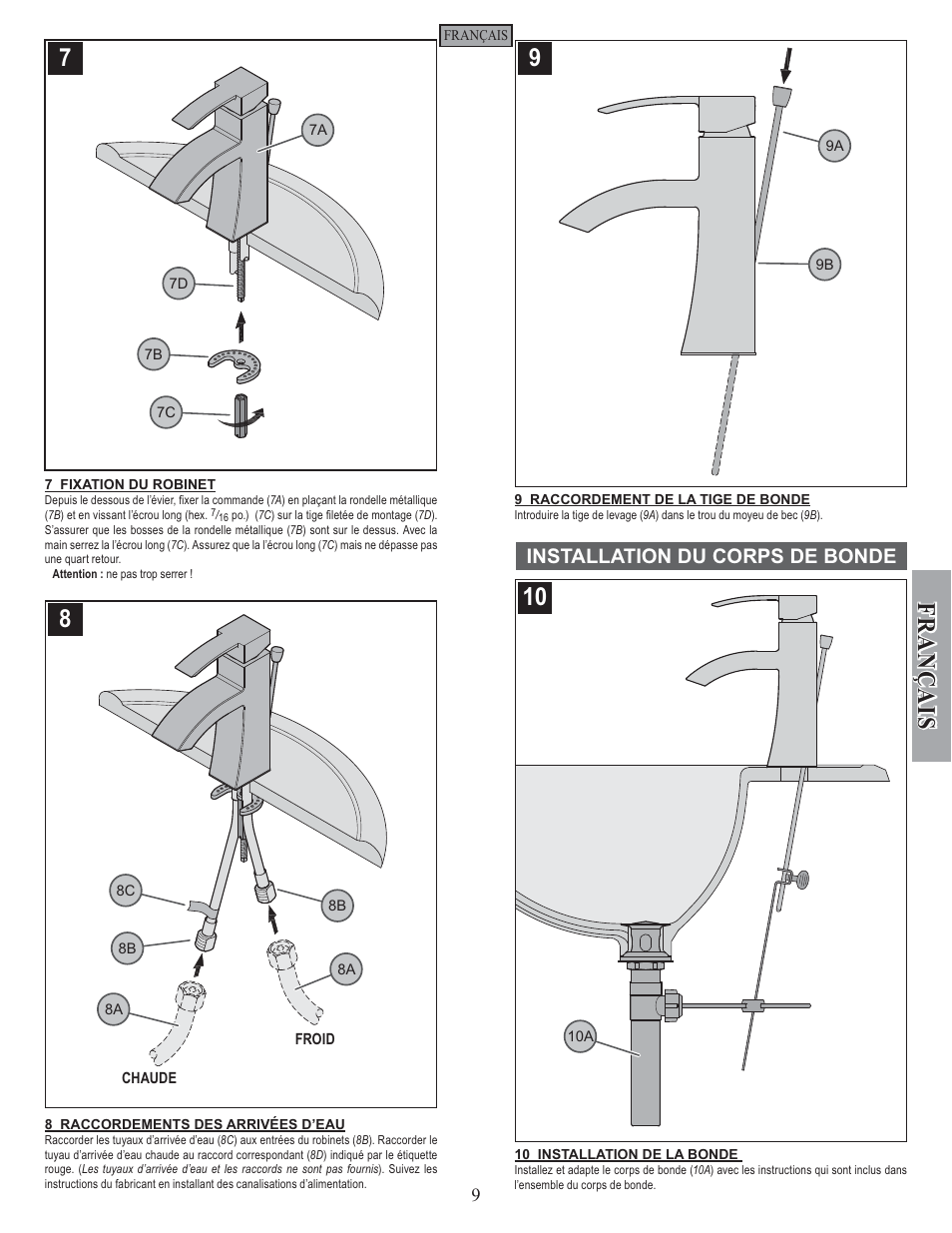 Fran ç ais, Installation du corps de bonde | Pfister F-042-BNKK User Manual | Page 9 / 12