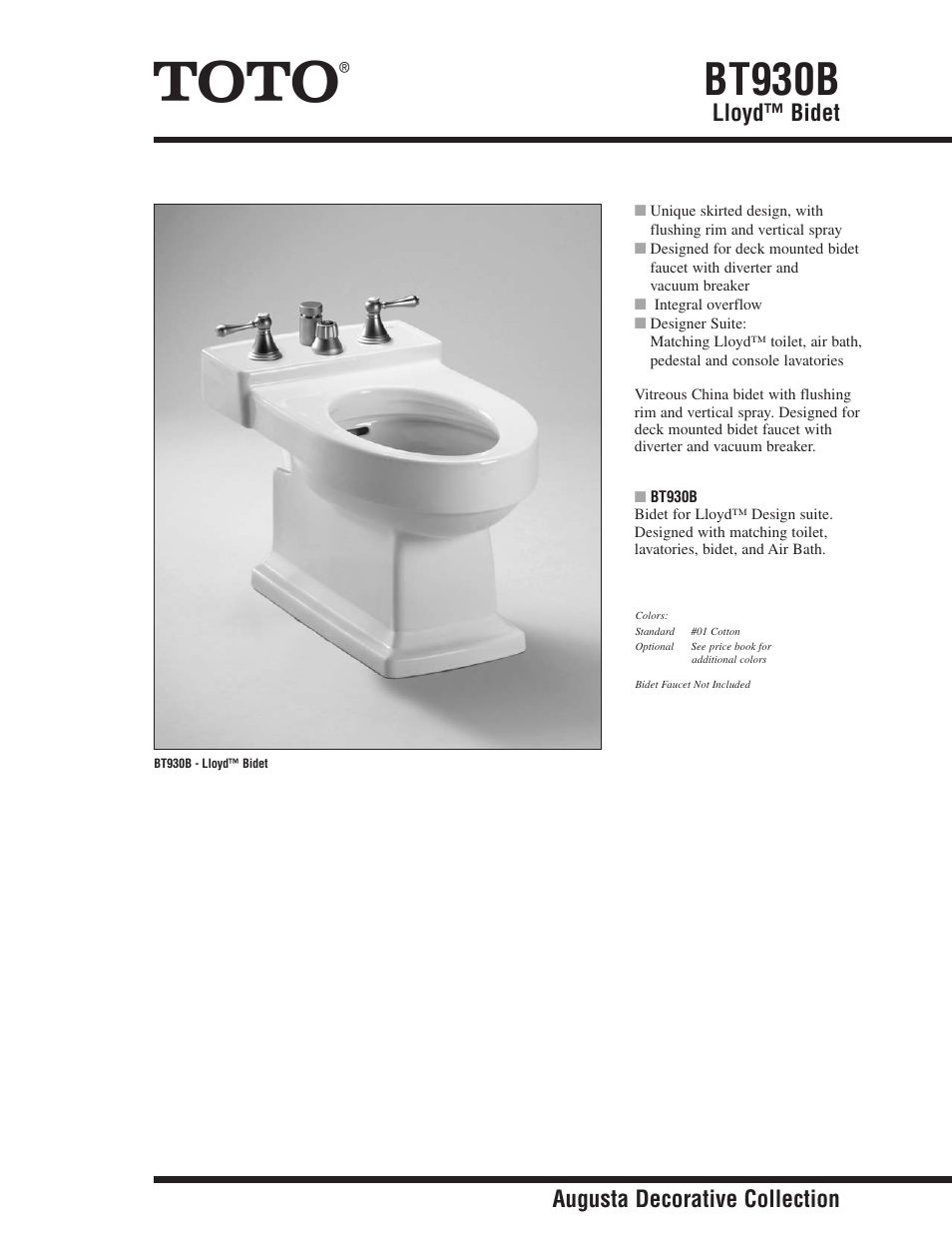 Factory Direct Hardware Toto BT930BLloyd User Manual | 2 pages