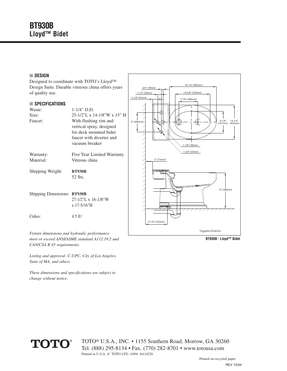 Bt930b, Lloyd™ bidet, Toto | Factory Direct Hardware Toto BT930BLloyd User Manual | Page 2 / 2