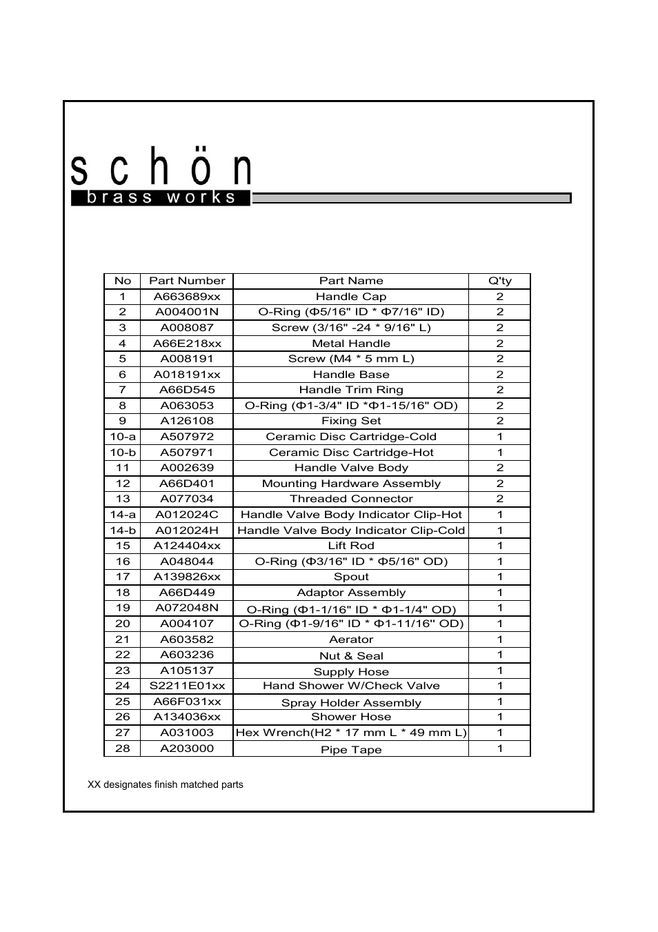 Scrt500, Roman tub faucet, Parts listing | Factory Direct Hardware Belle Foret RT500 Kassal User Manual | Page 3 / 3