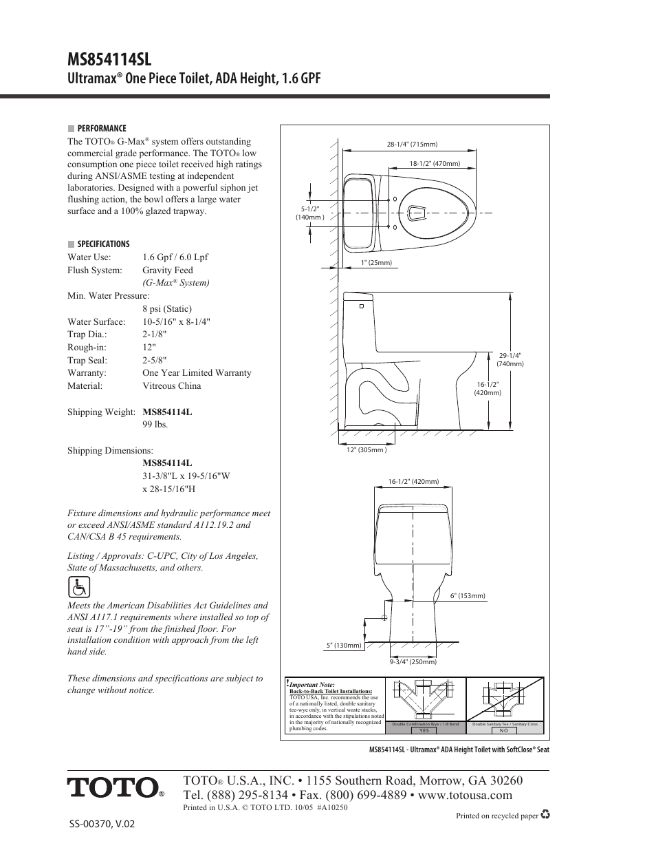 Ultramax® one piece toilet, ada height, 1.6 gpf, Toto | Factory Direct Hardware Toto MS854114SL Ultramax User Manual | Page 2 / 2