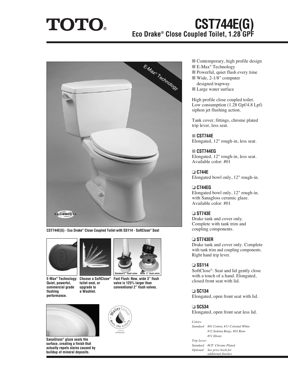 Factory Direct Hardware Toto CST744E#01 Eco Drake User Manual | 2 pages