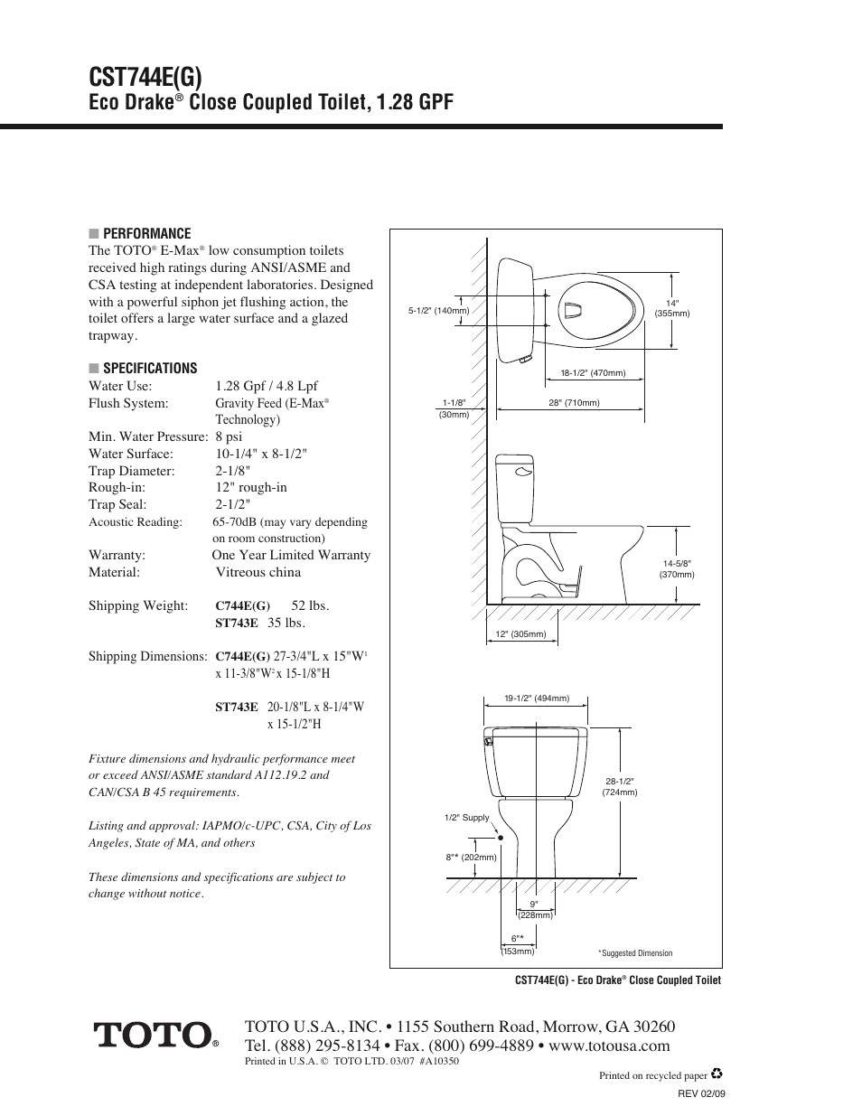 Cst744e(g), Eco drake, Close coupled toilet, 1.28 gpf | Factory Direct Hardware Toto CST744E#01 Eco Drake User Manual | Page 2 / 2