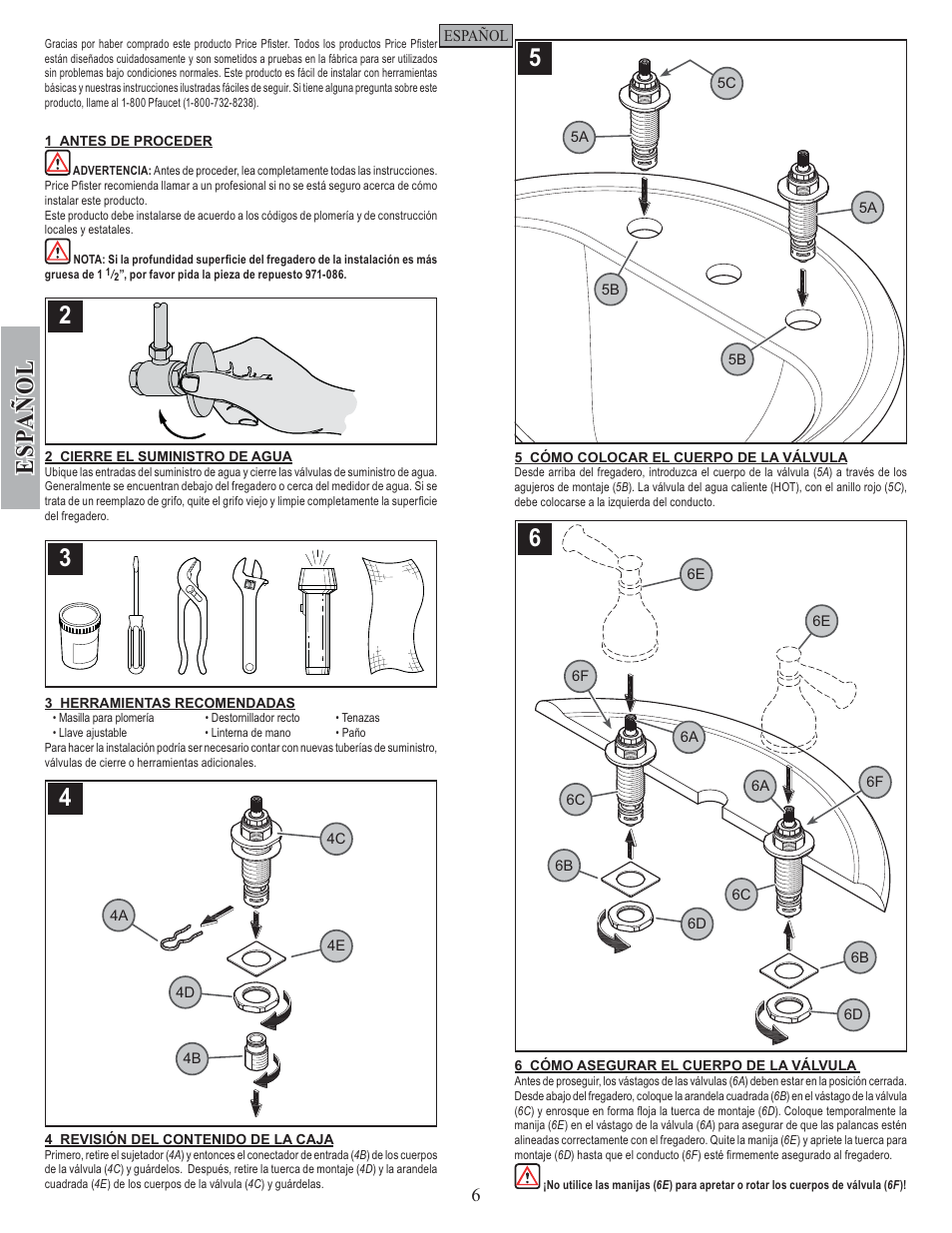 Esp a ñ ol | Pfister F-049-VTKK User Manual | Page 6 / 14