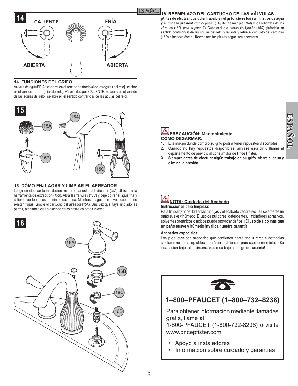 Esp a ñ ol | Pfister F-049-VTKK User Manual | Page 9 / 14