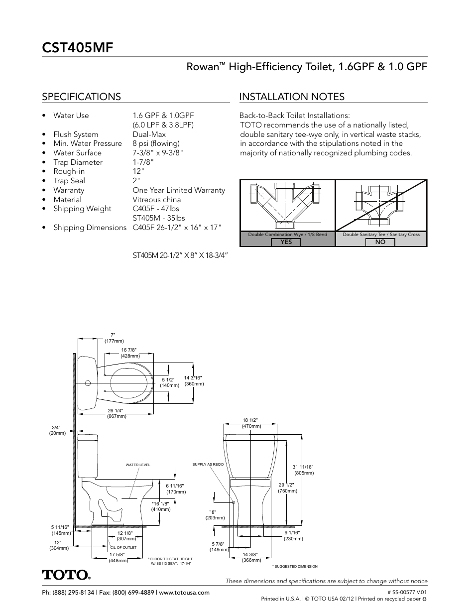 Cst405mf, Rowan, High-effi ciency toilet, 1.6gpf & 1.0 gpf | Specifications | Factory Direct Hardware Toto CST405MF Rowan User Manual | Page 2 / 2