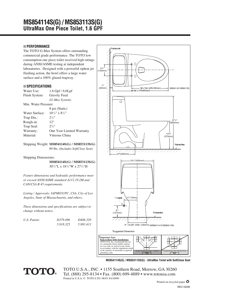 Ultramax one piece toilet, 1.6 gpf, Performance, Specifications | Factory Direct Hardware Toto MS854114SG#01 Ultramax User Manual | Page 2 / 2
