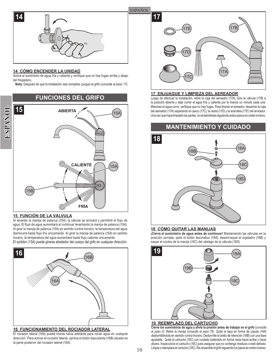 Es pa ñ o l, Mantenimiento y cuidado, Funciones del grifo | Factory Direct Hardware Pfister F-034-4AL Brookwood User Manual | Page 10 / 18