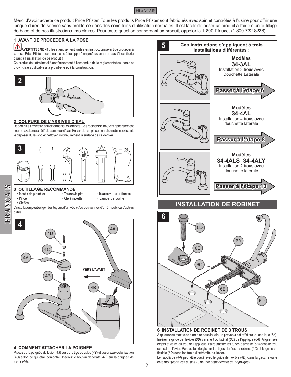 Installation de robinet | Factory Direct Hardware Pfister F-034-4AL Brookwood User Manual | Page 12 / 18