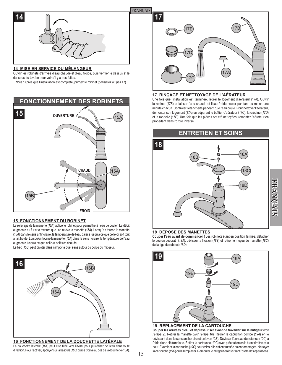 Fonctionnement des robinets, Entretien et soins | Factory Direct Hardware Pfister F-034-4AL Brookwood User Manual | Page 15 / 18