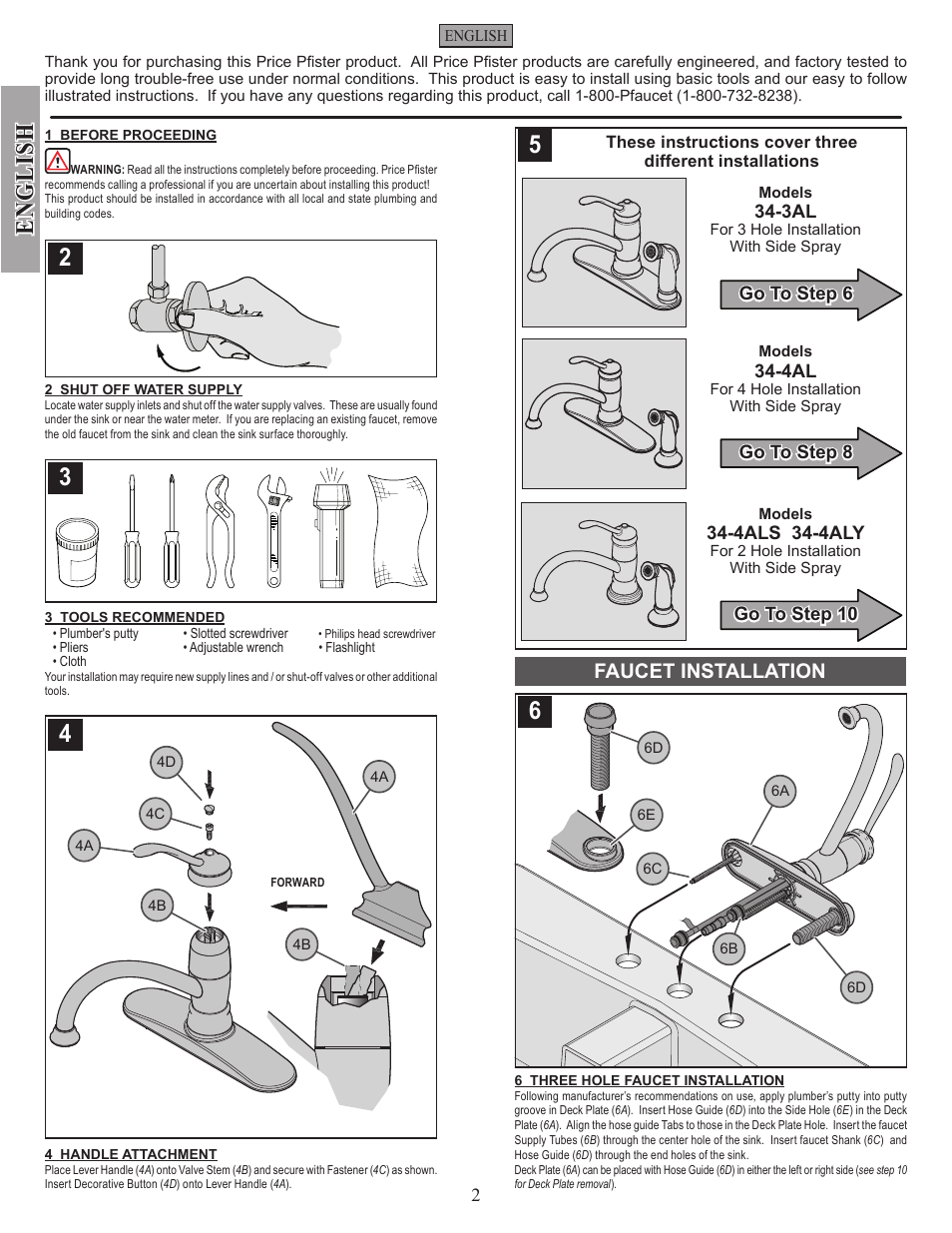 En g li sh, Faucet installation | Factory Direct Hardware Pfister F-034-4AL Brookwood User Manual | Page 2 / 18