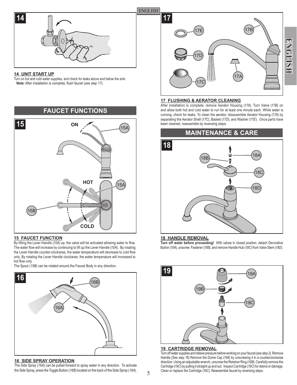 En g li sh, Faucet functions, Maintenance & care | Factory Direct Hardware Pfister F-034-4AL Brookwood User Manual | Page 5 / 18