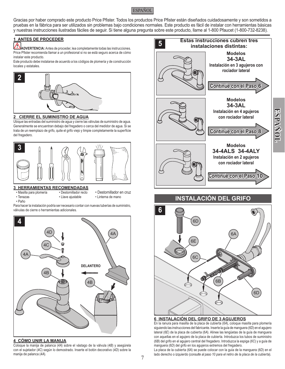 Es pa ñ o l, Instalación del grifo | Factory Direct Hardware Pfister F-034-4AL Brookwood User Manual | Page 7 / 18