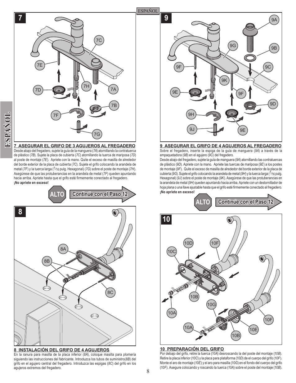 Es pa ñ o l, Alto, Continúe con el paso 12 | Factory Direct Hardware Pfister F-034-4AL Brookwood User Manual | Page 8 / 18
