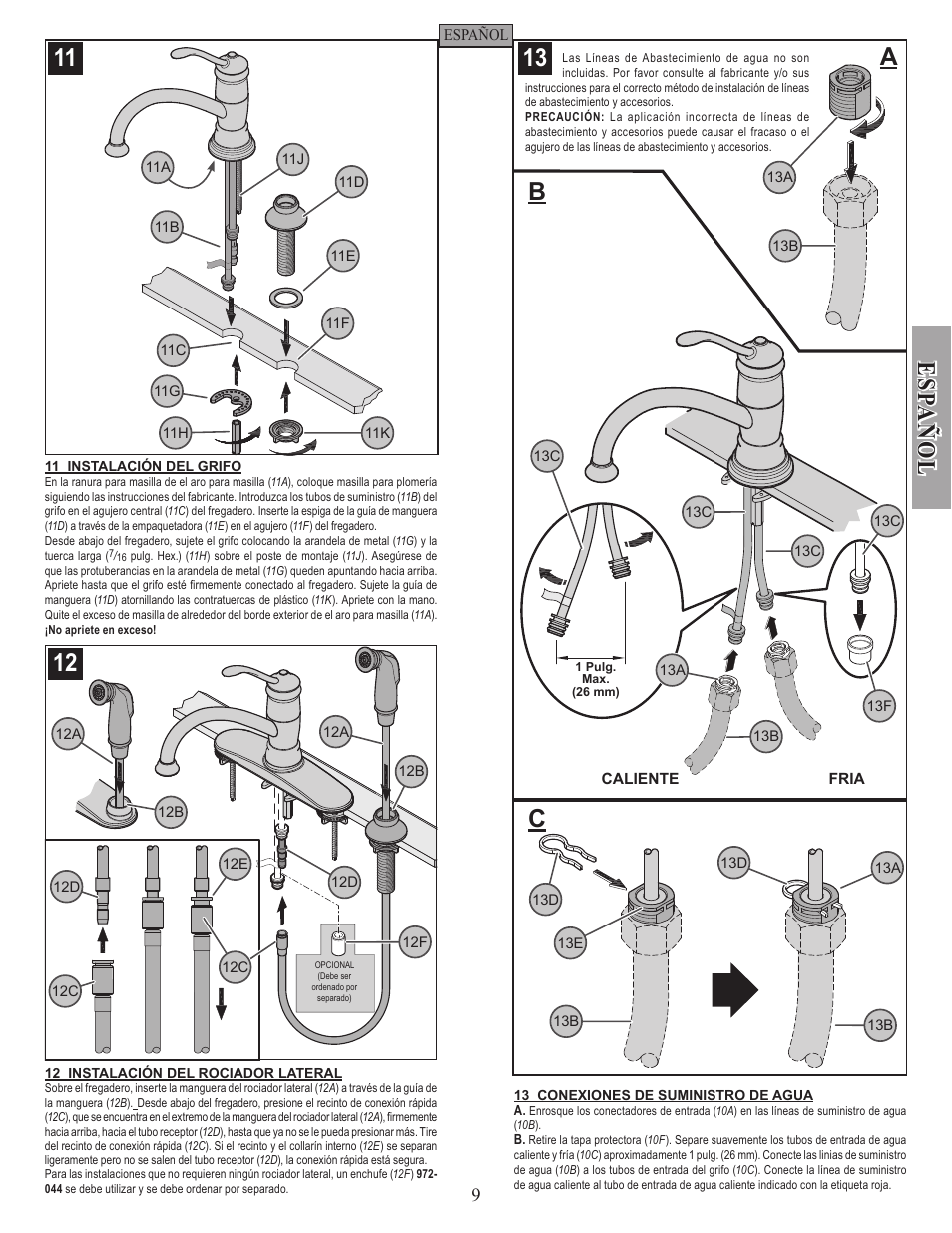 Es pa ñ o l, Ab c | Factory Direct Hardware Pfister F-034-4AL Brookwood User Manual | Page 9 / 18