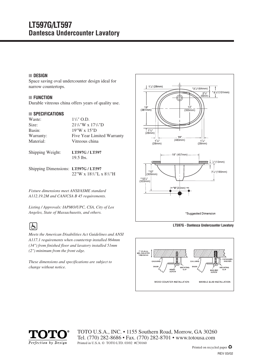 Dantesca undercounter lavatory | Factory Direct Hardware Toto LT597#51 User Manual | Page 2 / 2