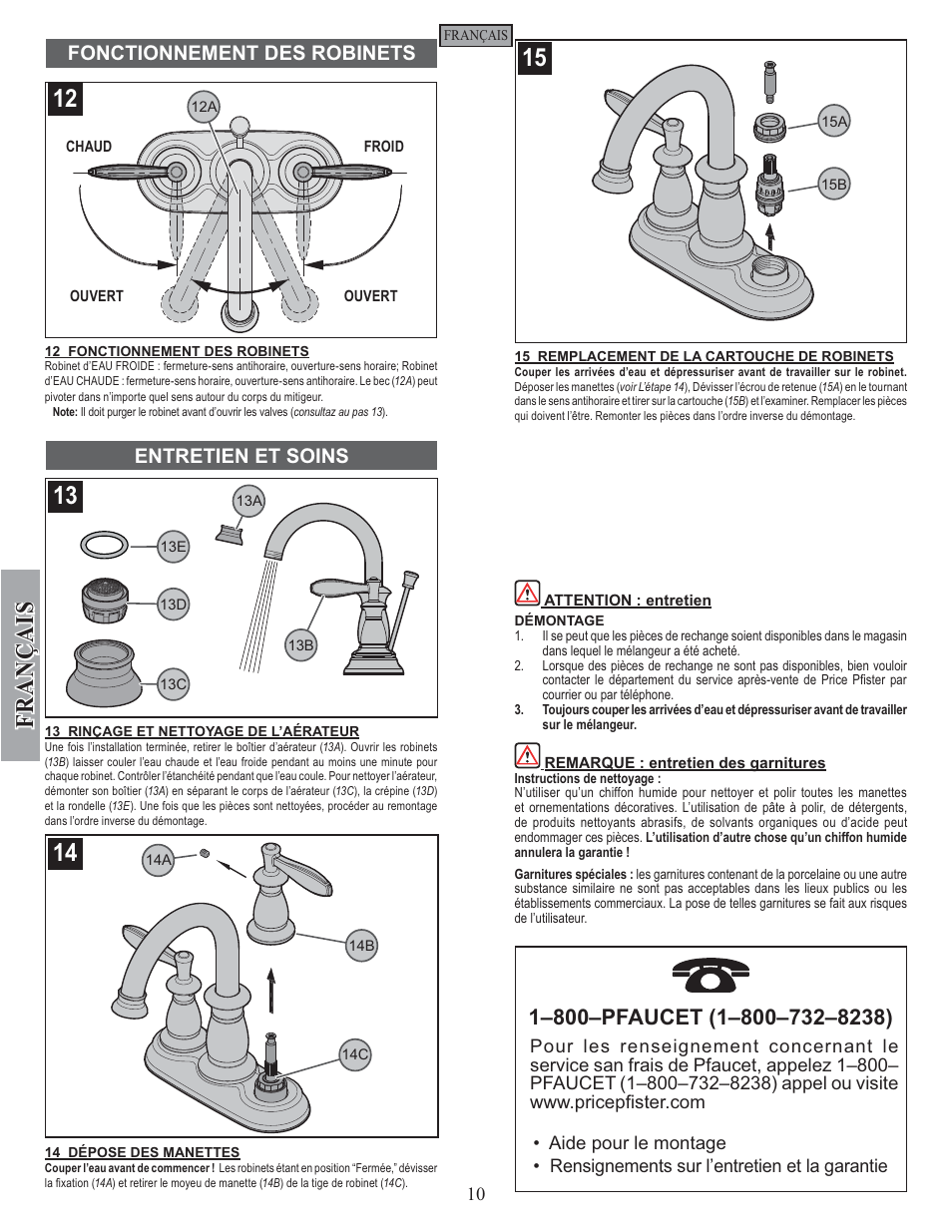 Fran ç ais, Fonctionnement des robinets entretien et soins | Factory Direct Hardware Pfister F-043-LN User Manual | Page 10 / 12