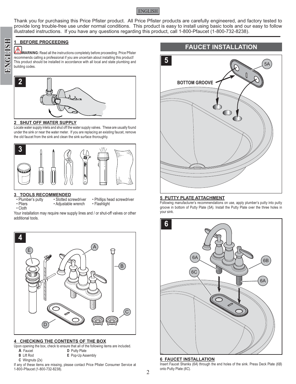 English, Faucet installation | Factory Direct Hardware Pfister F-043-LN User Manual | Page 2 / 12