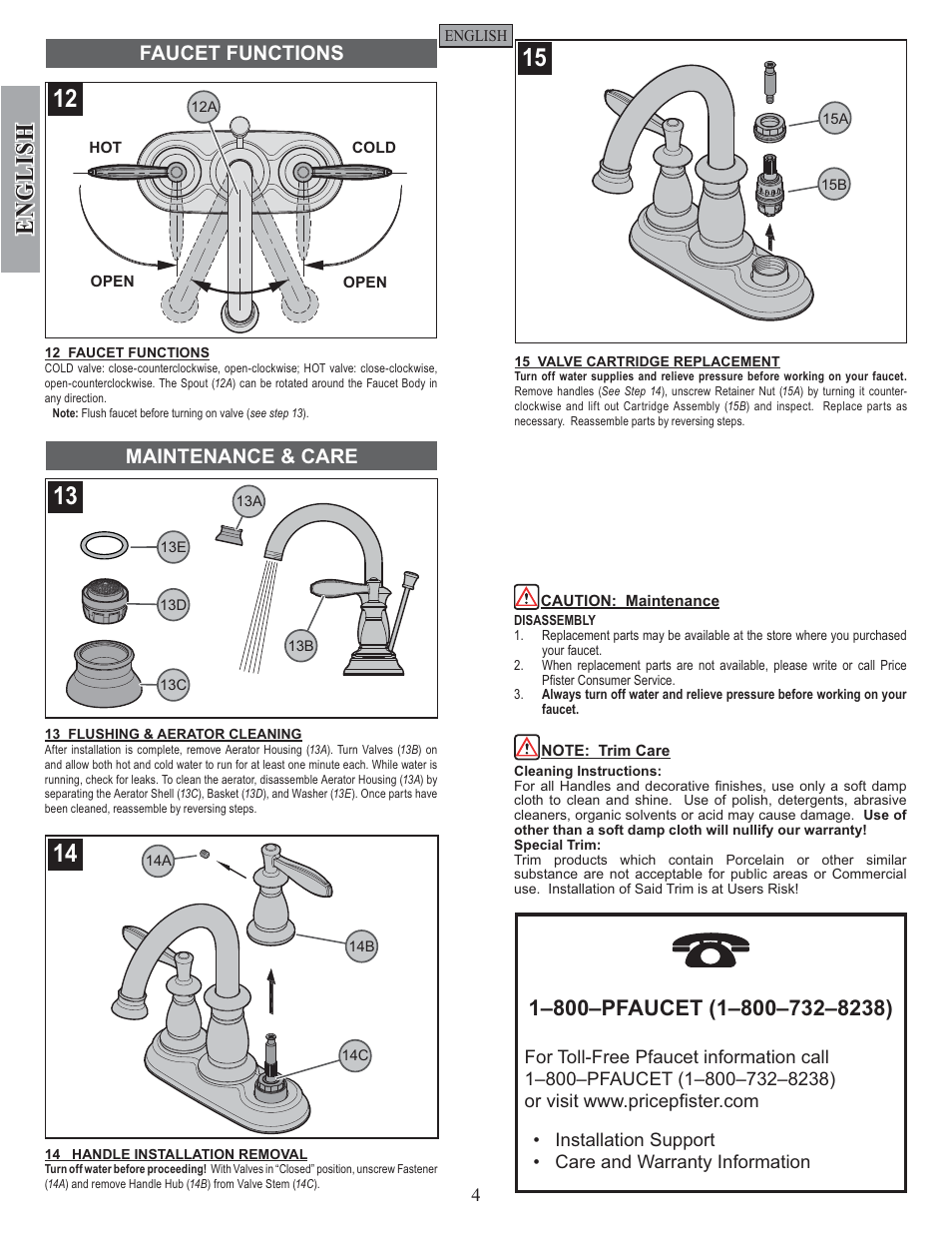 English, Faucet functions maintenance & care | Factory Direct Hardware Pfister F-043-LN User Manual | Page 4 / 12