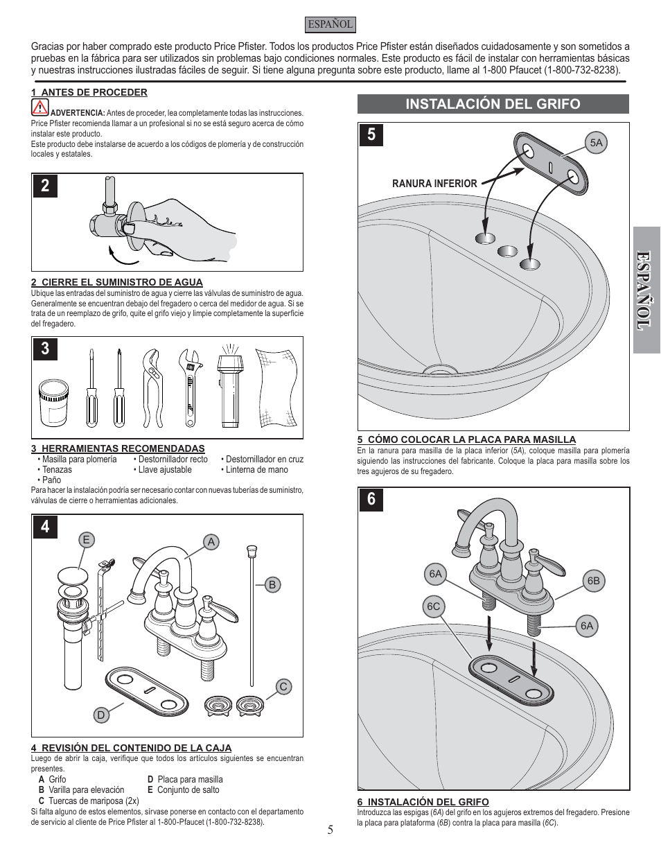 Esp a ñ ol, Instalación del grifo | Factory Direct Hardware Pfister F-043-LN User Manual | Page 5 / 12