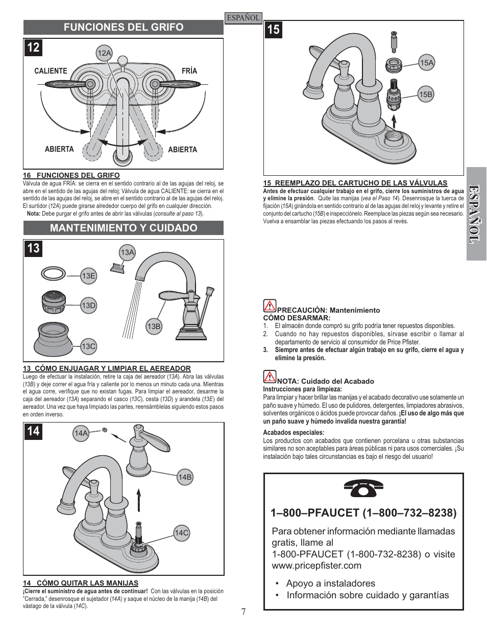 Esp a ñ ol, Funciones del grifo mantenimiento y cuidado | Factory Direct Hardware Pfister F-043-LN User Manual | Page 7 / 12