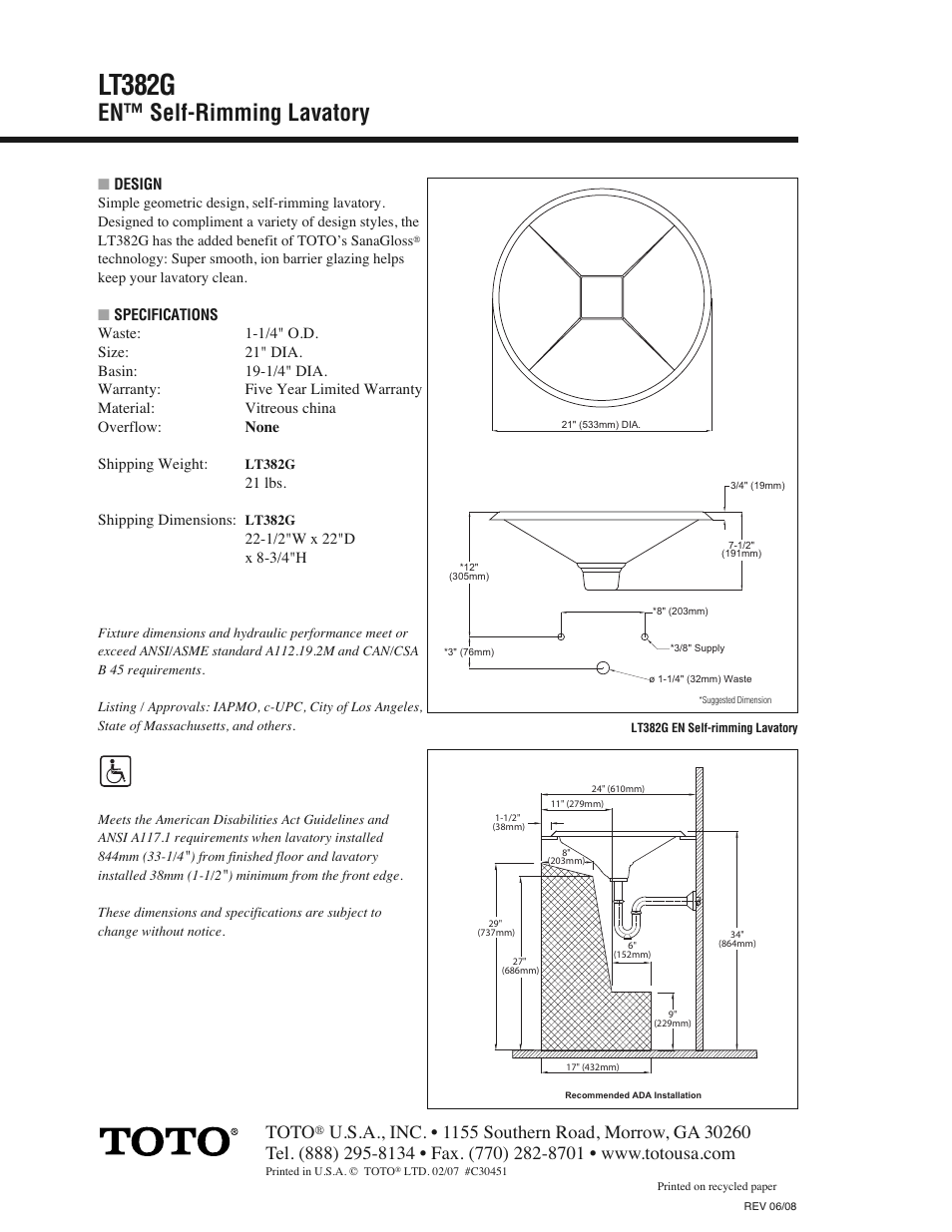 Lt382g, En™ self-rimming lavatory, Toto | Factory Direct Hardware Toto LT382G User Manual | Page 2 / 2